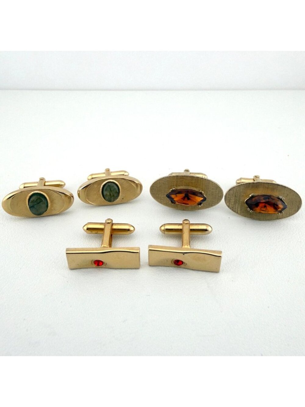 Vintage Swank Cufflinks Set of 3 Gold Tone Stone Glass Mid Century